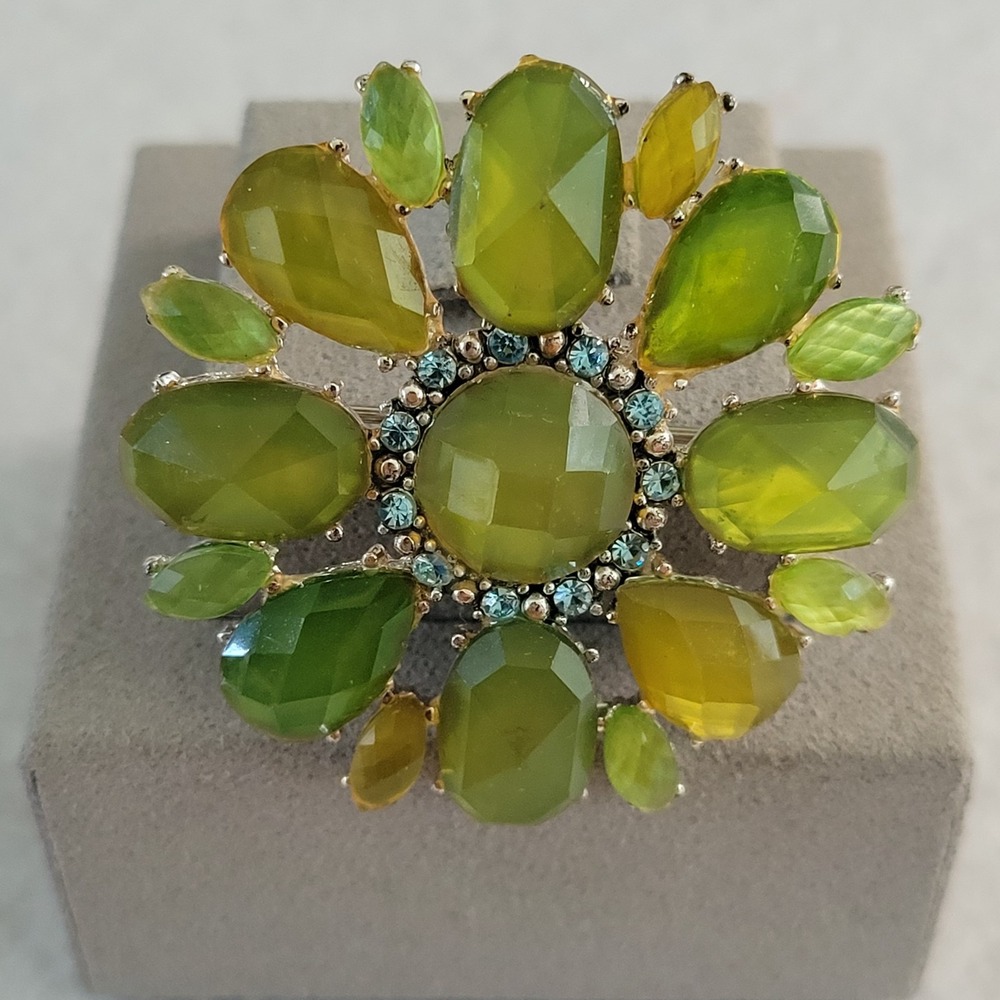 Liz Claiborne LC Green Glass Rhinestone Statement Brooch Floral Burst